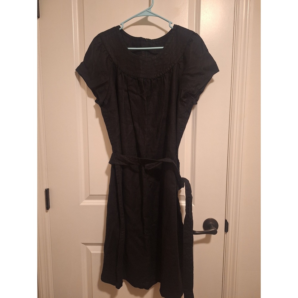 Liz Claiborne Black 100% Linen Belted Shift Dress Flutter Sleeve XL Quiet Luxury